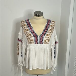 Lovestitch Boho Embroidered V-Neck Blouse - White, Blue, Brown